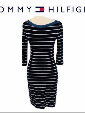Tommy Hilfiger Navy and White Striped Midi Shift Dress. Size Medium